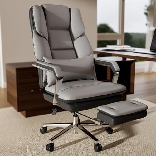 Bananister Reclining Office Chair with Footrest, Big and Tall Office Chair 500lbs with Wide Seat and Lumbar Support for Heavy People, High Back, PU Leather, Grey