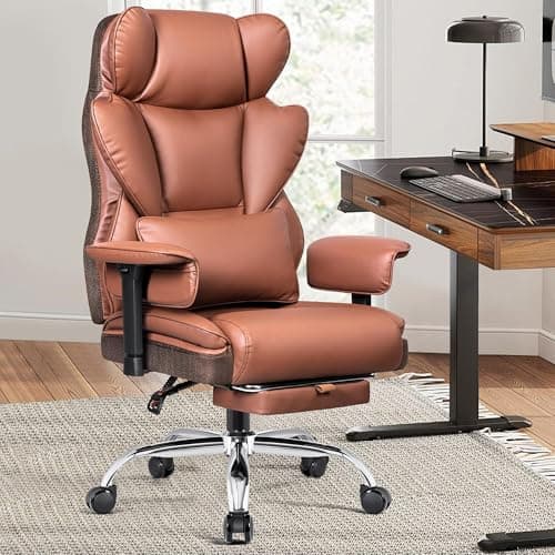 BESTFAIR Ergonomic Home Office Chair with Footrest, High Back Desk Chairs for Heavy People, 500 LBS Leather Executive Office Chairs with Lumbar Support, Comfy Gaming Chair with Wide Seat, Brown
