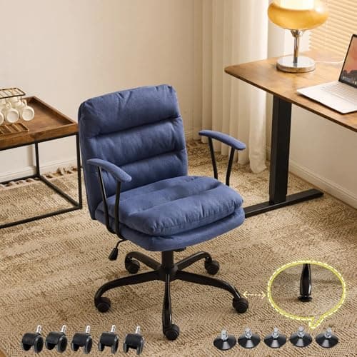 VINGLI Comfortable Office Desk Chairs with/No Wheels,Dual-Base,Removable Armrests,Adjustable Comfy Rolling Swivel Computer Nail Tech Chair for Office,Sewing,Makeup Vanity,Teen,Linen Fabric,Navy Blue