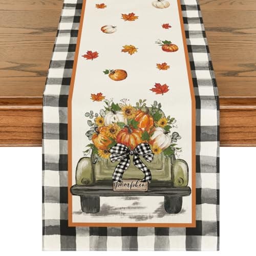 Artoid Mode Buffalo Plaid Truck Pumpkin Fall Table Runner, Seasonal Autumn Floral Kitchen Dining Table Decoration for Home Party Decor 13x72 Inch