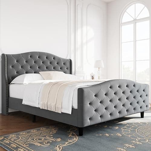 GAOMON Tufted Upholstered Platform Bed Frame with Raised Wing Back Headboard, Mattress Foundation and Wood Slat Support, No Box Spring Needed (Grey, Queen)