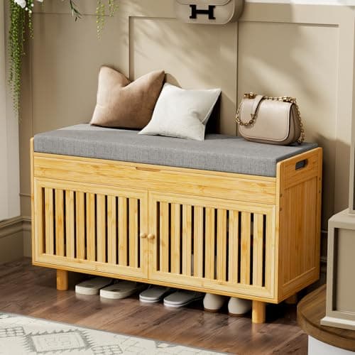oakvivo 35.4in Shoe Storage Bench, Bamboo Entryway Bench with Lift Top Storage & Padded Seat Cushion, 2-Tier Shoe Rack Cabinet with 2 Doors for Entryway, Living Room, Bedroom, Mudroom, Natural