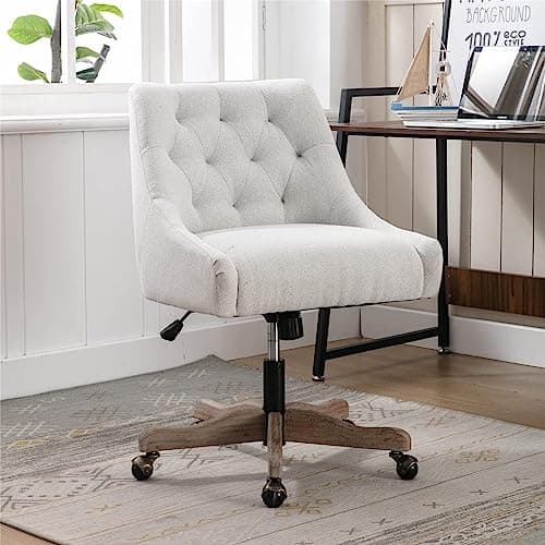 Swivel Office Chair, Modern Tufted Linen Upholstered Swivel Task Chair with Wood Base and Wheels, Height Adjustable Work Chair Leisure Shell Vanity Chair for Bedroom Living Room, Beige