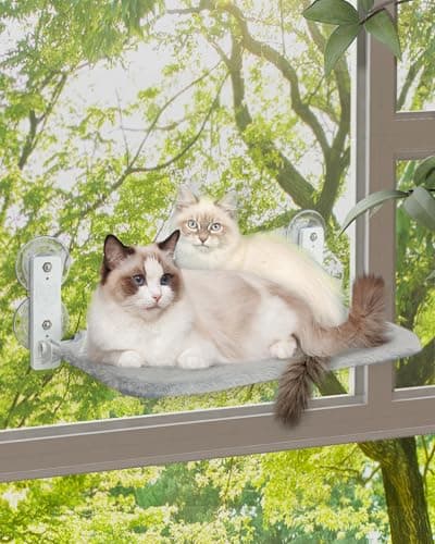 keny Cordless Cat Window Perch, Foldable Cat Window Hammock with 4 Suction Cups, Reversible Cover with Two Different Kinds of Fabrics, 40Lbs Load Capacity Sturdy Cat Window Bed for Cats Inside, Grey