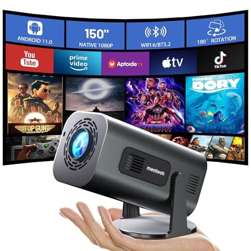 Mini Projector with WiFi and Bluetooth, 180°Adjustable Stand Smart Projector, 150" Portable Projector with Android TV 11.0, 2.4G/5G, Native 1080P, 300 ANSI Auto Keyston Outdoor/Home Movie, Iron Grey