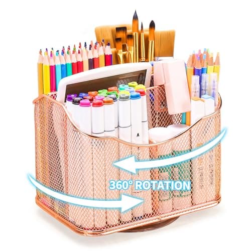 Housmile Rotating Pen Holder Pencil Organizer for Desk, 360° Markers Art Supplies Organizer with 5 Compartments for Office Home School, Rose Gold