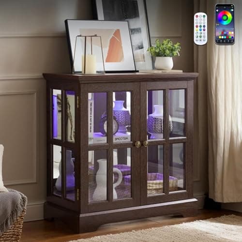 CKEASEAN 32" H LED Accent Curio Cabinet with 7 Color Lights for Collectibles, Modern Storage Cabinet with Tempered Glass Doors, Sideboard Buffet Case with Smartphone-Controlled Lights (Dark Cherry)