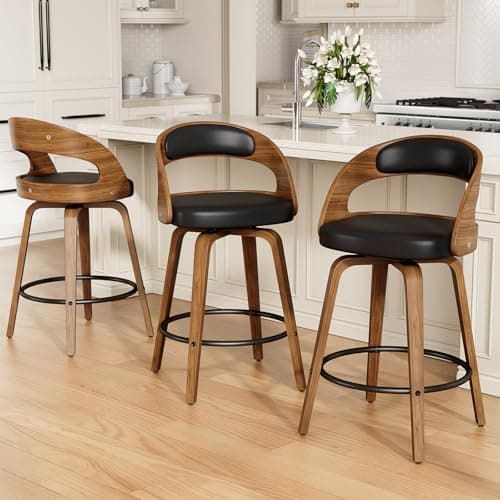REONEY Swivel Bar Stools Set of 3, 26" Counter Height Bentwood Barstool, Mid-Century Modern PU Leather Upholstered Bar Chair with Back and Footrest, for Kitchen Island, Bar, Cafe, Dining Room, Black