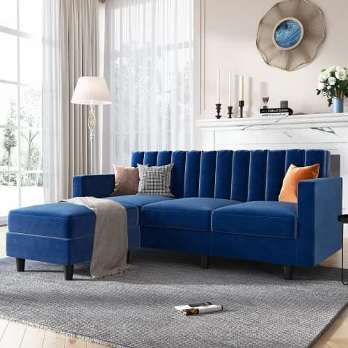 HONBAY Velvet Sectional Sofa, L Shaped Couch with Reversible Chaise for Small Apartment, Blue