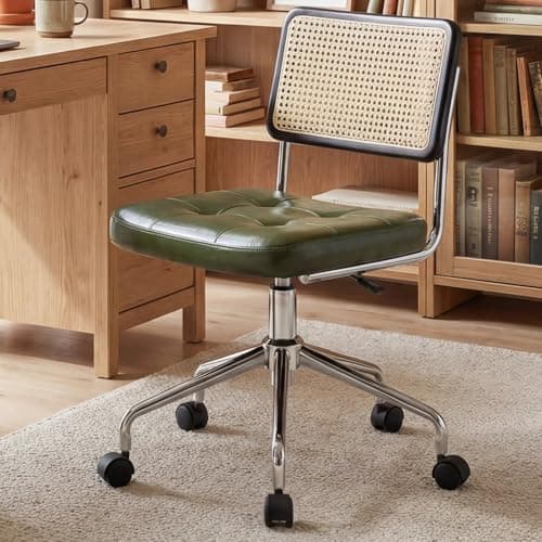 Zesthouse Mid Century Home Office Chair, Armless Desk Chair with Rattan Back, Adjustable Height Task Chair Vanity Chair for Girls Women, Upholstered Swivel Chair, Green Faux Leather