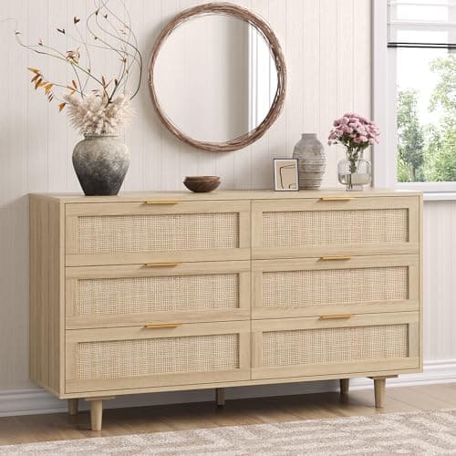 Angel Sar 51" Rattan Dresser for Bedroom, 6 Drawer Wide Dresser, Boho&Farmhouse Chest of Drawers, Clothes Storage Cabinet, Metal Handle&Wood Legs for Hallway, Living Room, Bedroom, Wood