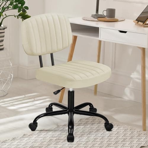 DUMOS Armless Home Office Desk Chair -Small Ergonomic with Low Back Lumbar Support, Height Adjustable PU Leather Computer Task with 360° Swivel Rolling Wheels, for Small Space, Beige White