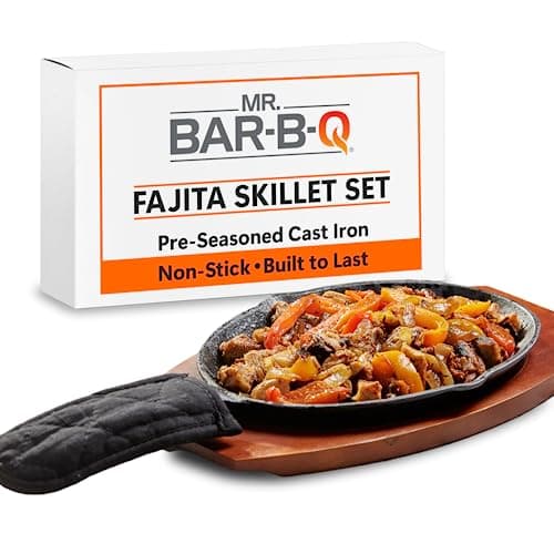 Mr. Bar-B-Q Cast Iron Fajita Skillets Set, Pre-Seasoned Non-Stick Sizzling Plate, Wooden Base w/Cloth Handle, Sizzler Steak Plate, Cast Iron Skillets for Diners, Bar, Restaurants, Caterings & Parties