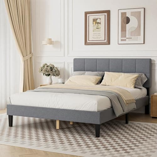 Sweetcrispy Full Size Wood Bed Frame - Linen Upholstered Platform Bed with Headboard, No Box Spring Needed with 800LBS Sturdy Wooden Slats Support, Noise Free, Easy Assembly, Grey