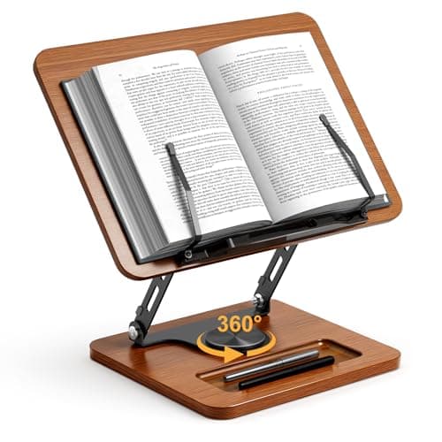 Book Stand for Reading, 360° Rotating Hands Free Book Holder, Adjustable Height and Angle, Page Clip for Cookbook, Recipe, Magazine, Laptop,Tablet, Foldable for Kitchen, Office, School