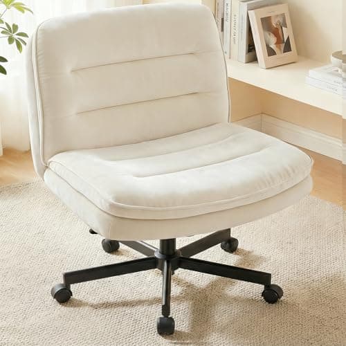 COMHOMA Cross Legged Office Chair with Wheels Armless-Office Desk Chair, Modern Vanity Computer Task Chairs for Home Bedroom, Comfortable Wide Seat for Lower Back Pain Relief, Soft Velvet, Beige