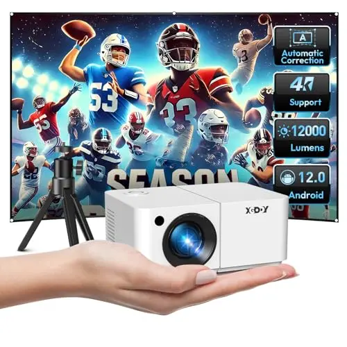 Mini Smart Projector, XGODY X2 Android 12 Portable HD Projector 12000L 1080P Support with WiFi and Bluetooth, Electric Focus/Keystone, Built-in Prime V, YouTube 8000+ APP, Tripod Included(Pearl White)