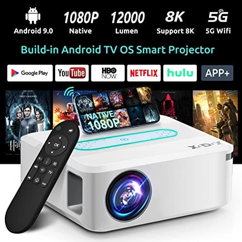 Native 1080P Projector, XGODY Portable Projector for Outdoor Movies Night,Home Theater Projector with Android 9.0,WiFi and Bluetooth Video Projector with Keystone Function Preinstall YouTube Netflix