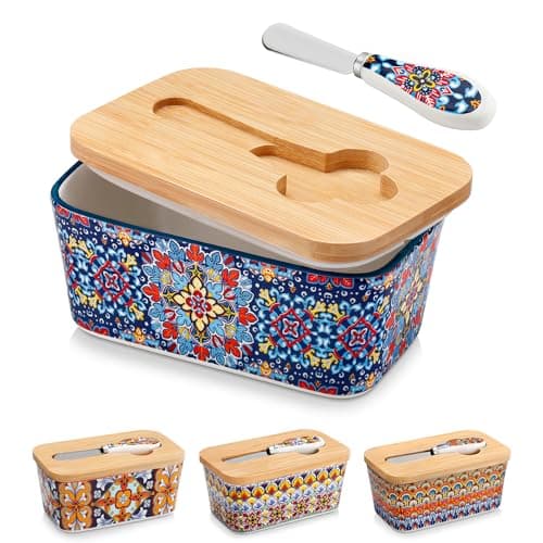 vancasso SIMI Butter Dish with Lid, 6.5" Large Butter Dish for Countertop, Bohemian Ceramic Butter Keeper Container with Knife and Bamboo Lid, Butter Holder for Counter, Twilight Bloom
