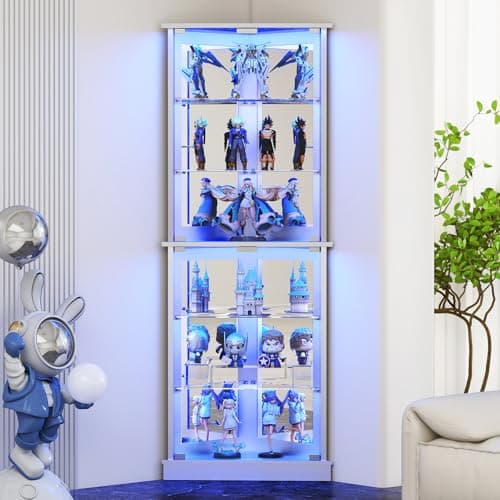 Lamtor 72" Corner Display Cabinet with Glass Doors, 6-Tier Showcase Curio Cabinet for Collectibles with Dynamic LED Lights, Modern Display Case for Living Room, White