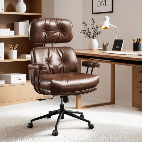 ovios Ergonomic Office Chair, High Back Faux Leather Executive Chairs with Thick Cushion, Comfy Mid-Century Modern Swivel Rolling Computer Armchair (Dark Brown, PU Leather)