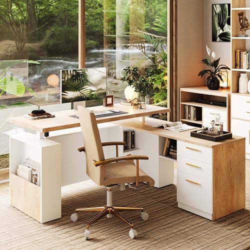 ModernMate 63" Standing Desk with File Cabinet, Privacy Panel, AC/USB, 1.18" Desktop, Executive L Shaped Height Adjustable Electric Stand Up Desk, Home Office Table with 3 Drawers, Light Walnut