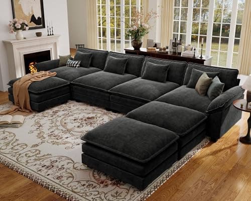 CDCASA 154" Oversized Modular Sectional Sofa, Comfy U-Shaped Cloud Couch w/ 3 Ottoman, 7-Seater Chenille Deep Seat Modern Sofa Couch for Living Room, Bedroom, Apartment, Office, Black