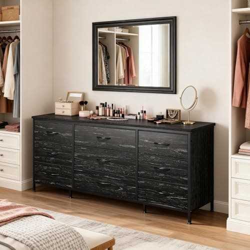 EnHomee Dresser for Bedroom, 9 Drawers Dresser TV Stand for 55, 60 Inch TV, Large Entertainment Center, Wide Chest of Drawers for Closet, Living Room, Black