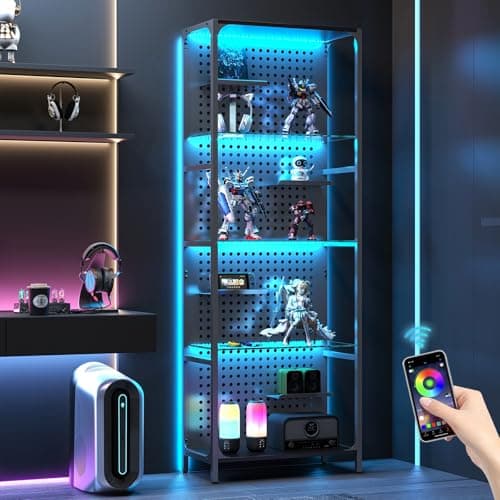 Saudism Glass Display Shelf for Collectibles, LED Black Shelf, Curio Cabinet, Lighted Tall Narrow Shelf with Pegboard Steel Frame for Gaming Room, Floor Lamp with Shelves, Living Room, Bedroom, Large