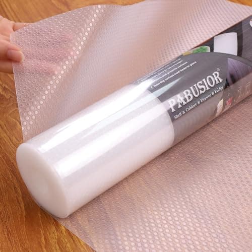 PABUSIOR Clear Cabinet Shelf Liner: Waterproof Bathroom Drawer Mat 17.7 x 96 Inch - Protector Kitchen Cupboard Liners for Closet Pantry Shelves - Easy to Cut Translucent Refrigerator Mats
