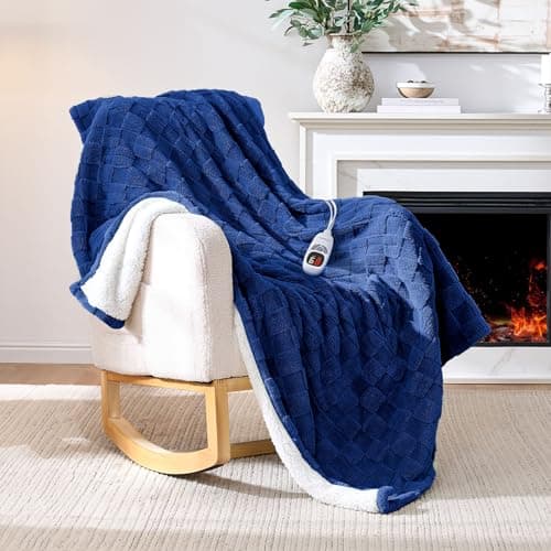 Yokimisu Heated Throw Blanket 50"x60" - 9-Level Fast Heating & 1-10H Timer, Fluffy Plush Blanket with Snap Buttons for Secure Fit, Warm Gift for Women/Men, for Couch, Bed & Office, Pageant Blue
