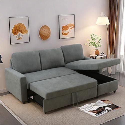 GlasFlength Sofa Bed Pull Out Couch, Lounge L Shaped Sleeper Sofa with Reversible Storage Chaise, 83" Modern Convertible Small Sectional Couches for Living Room Small Spaces, Grey