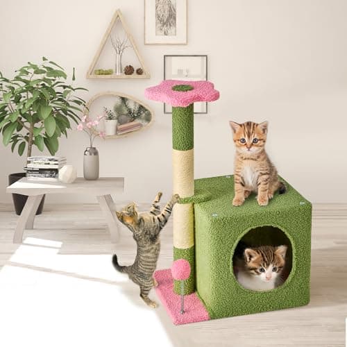 Nineshi 24 Inch Cat Tree Condo for Indoor Cats with Floral Sisal Scratching Post, Plush Hang Ball Play Furniture for Kittens Cats, Pink