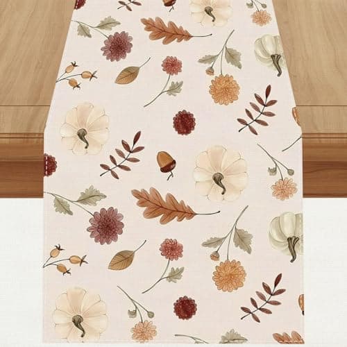Linen Fall Table Runner 72 Inches Long, Fall Leaves Pumpkin Flowers Home Kitchen Dining Room Table Decor, Autumn Thanksgiving Harvest Festival Decorations and Supplies for Home