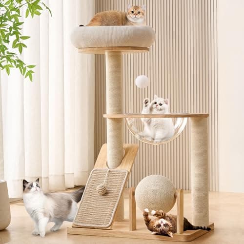 HITTITE Solid Wood Cat Tree Tower with Scratching Post, 37.8 Inches Tall Cat Towers with Scratching Board and Scratcher Ball, Modern Cat Tower With Space Capsule and Removable Top Bed for Indoor Cats.