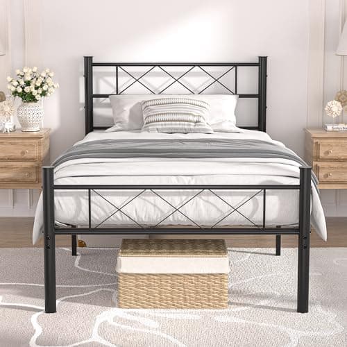 VECELO Twin Size Bed Frame with Headboard, Heavy-Duty Platform with Metal Slats Support, No Box Spring Needed/Easy Assembly, Matte Black