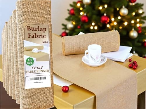 MDS 10 Pack Wedding Natural Burlap Table Runners 12 x 72 Inch Rustic Farmhouse Jute Country Vintage Runner for Wedding and Home Decor, Table Decorations , Party, BBQ's & Outdoor Tables- Natural