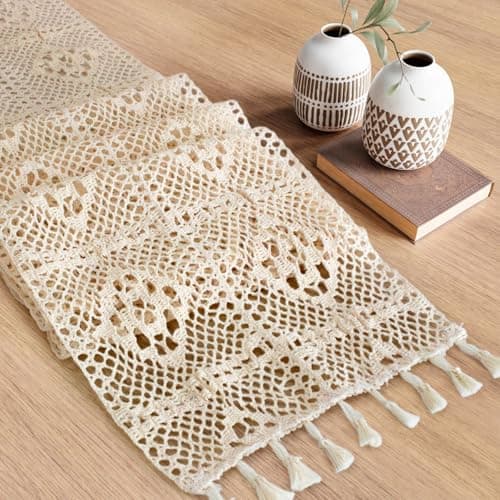 IVAPUPU Boho Table Runner with Tassels,Burlap Table Runners 72 Inches Long Room Decor Aesthetic Rustic Farmhouse Summer Decorations for Living Room Tassels Square Hollow Pattern(12x72 Inches)