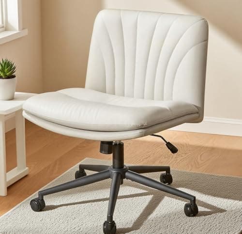 Marsail Armless-Office Desk Chair with Wheels: PU Leather Cross Legged Wide Chair,Comfortable Adjustable Swivel Computer Task Chairs for Home,Office,Make Up,Small Space,Bed Room, Gray Beige