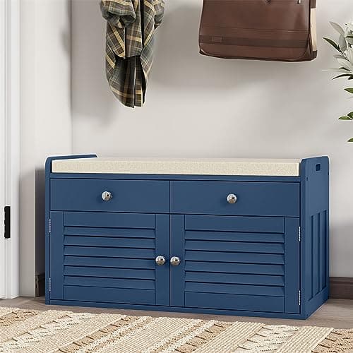 WARMHONIU Shoe Storage Bench with Cushion, Shoe Rack Bench with Doors, Adjustable Shelf, 2-Tier Shoe Cabinet Bench for Entryway, Bedroom, Hallway, Blue
