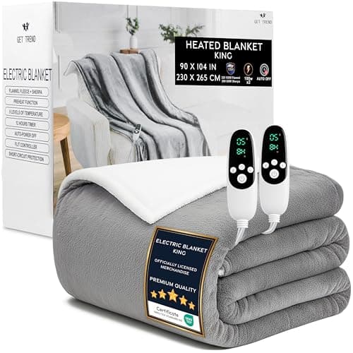 Get Trend Heated Blanket Electric Luxurious Fleece King Blanket, 9 Heat Settings & 12H Auto Shut-Off, Gifts for Grandma, Grandpa, Seniors, 90x105 in (Light Grey, King US)