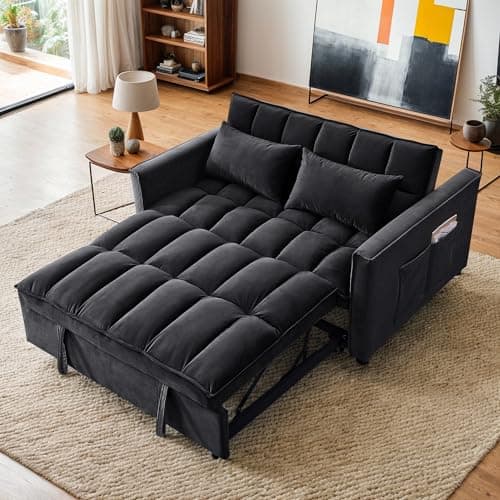 Resenkos 3 in 1 Convertible Sleeper Sofa Bed,Futon Loveseat Couch with Pull-Out Bed & Adjustable Backrest,Velvet Fabric Sofa with Side Pocket for Small Apartment, Living Room, Office (Black)