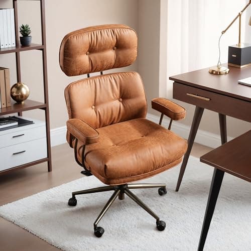 HOOOWOOO Mid-Century Modern Ergonomic Office Chair, Extra Wide Comfy Executive Chair with Lumbar Support, Suede Leather Light Brown