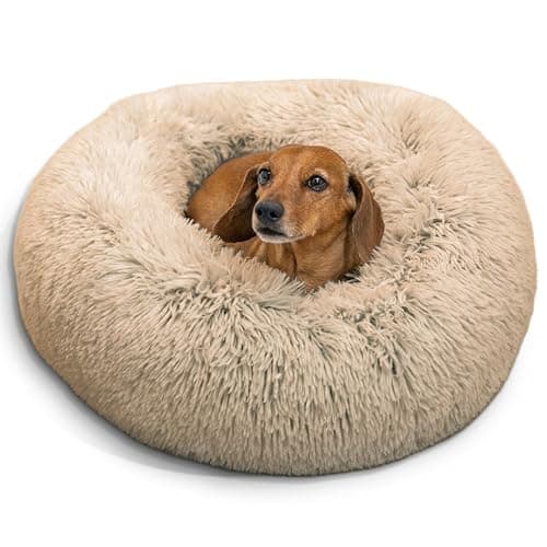 Best Friends by Sheri The Original Calming Donut Dog Bed – Washable Plush Pet Bed for Cats & Small Dogs up to 25 lbs, Shag Faux Fur, Taupe, Small (23" x 23")