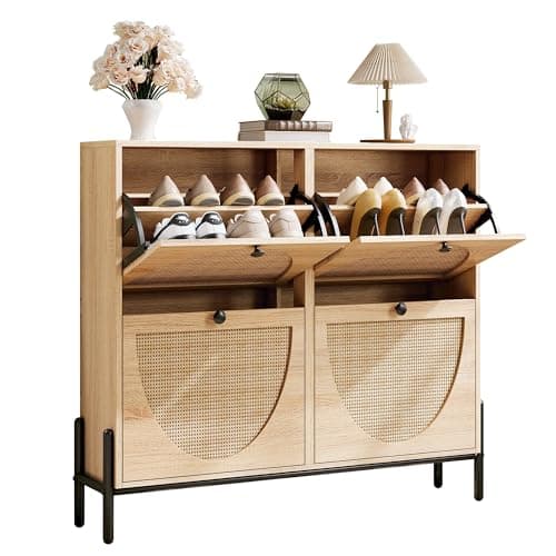 IRONCK Rattan Shoe Cabinet Storage with 4 Flip Drawers, Freestanding Shoe Storage Organizer Cabinet for Entryway, Narrow Shoe Rack Cabinet, Oak