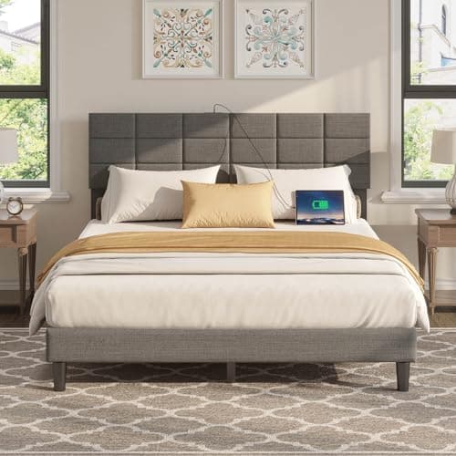 Seventable Full Bed Frame with Headboard, Grey