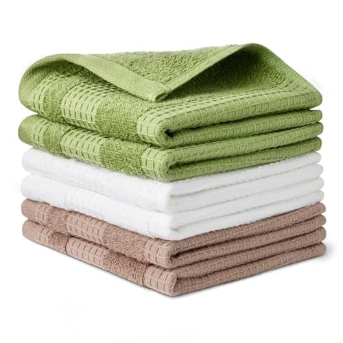 Amazon Basics 100% Organic Cotton Waffle Kitchen Dish Cloths, Ultra Absorbent, Quick Drying, Lint-Free, 12 x 12 inches, 6-Pack (2 Brown, 2 Olive, 2 Navy)