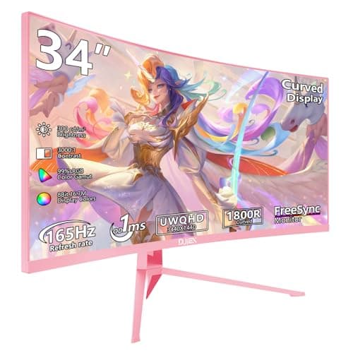 DJiEX 34 Inch Pink Curved Gaming Monitor, 165Hz UWQHD 3440x1440, 1500R, 1ms MPRT, HDR, FreeSync, 99% sRGB, HDMI DP, VESA Mount, All-in-One for Immersive Play