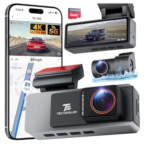 TECXERLLON Dash Cam Front and Rear, 4K Full HD Dual Dash Camera with Starlight Night Vision, Bulit-in GPS & 5G WiFi, Free 64GB Card Included, with G-Sensor, WDR, 24H Parking Mode, Support 512GB Max
