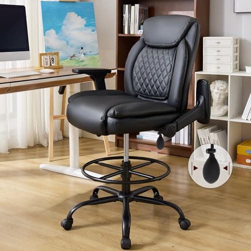 Drafting Chair,Executive Tall Office Chair Flip-up Armrests for Counter Height Desk Drawing Use,High Task Chair with Adjustable Foot Ring & Inflatable Lumbar Support, Swivel Computer Stool,PU Black